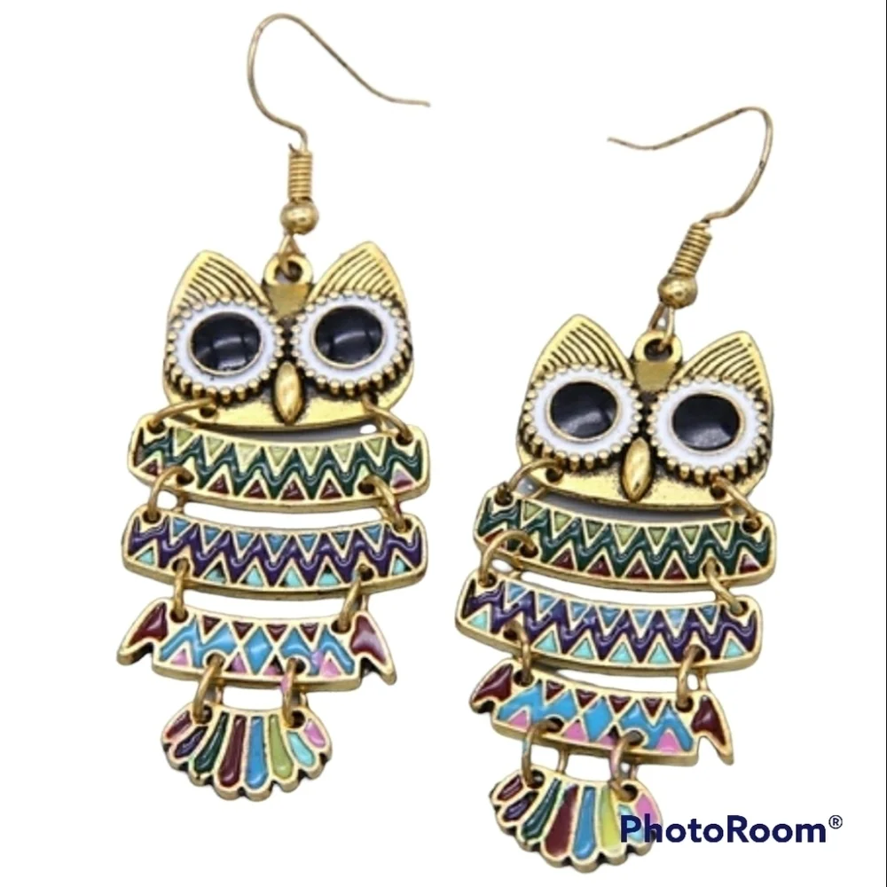 Owl Earrings Multi-color On Gold Tone